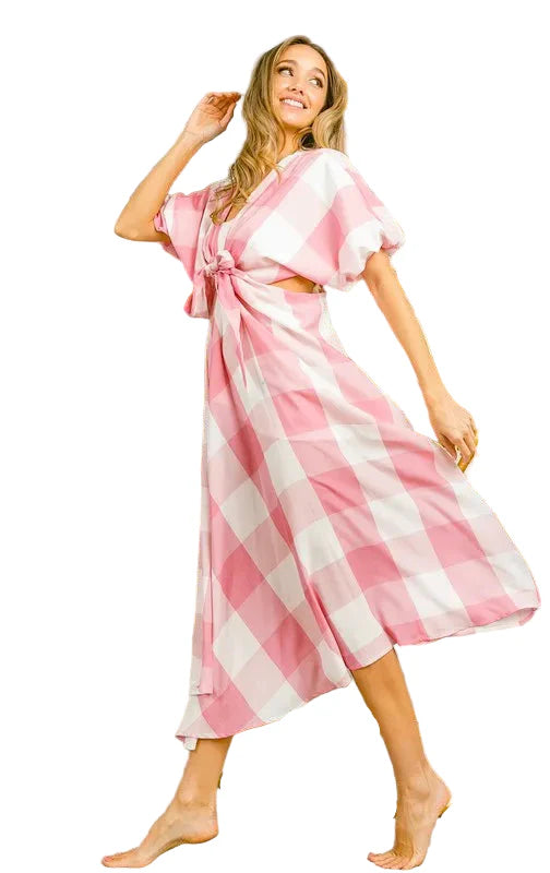 Front Tied Puff Sleeve Checkered Dress with Cut Out Detail