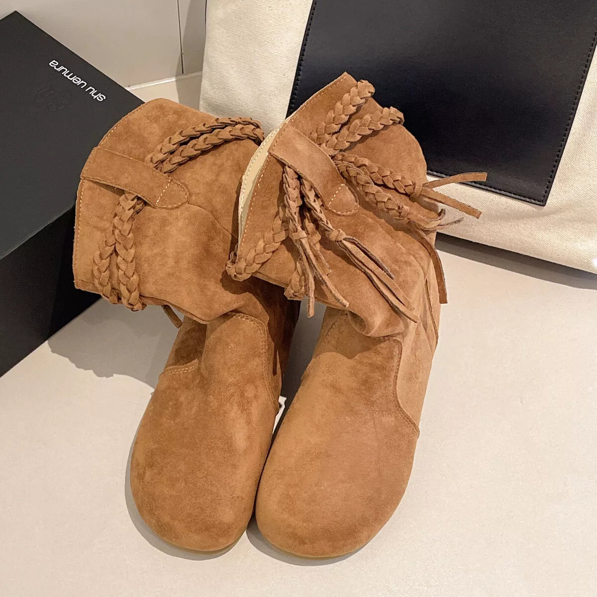 Suede Fringe Round Toe Boots