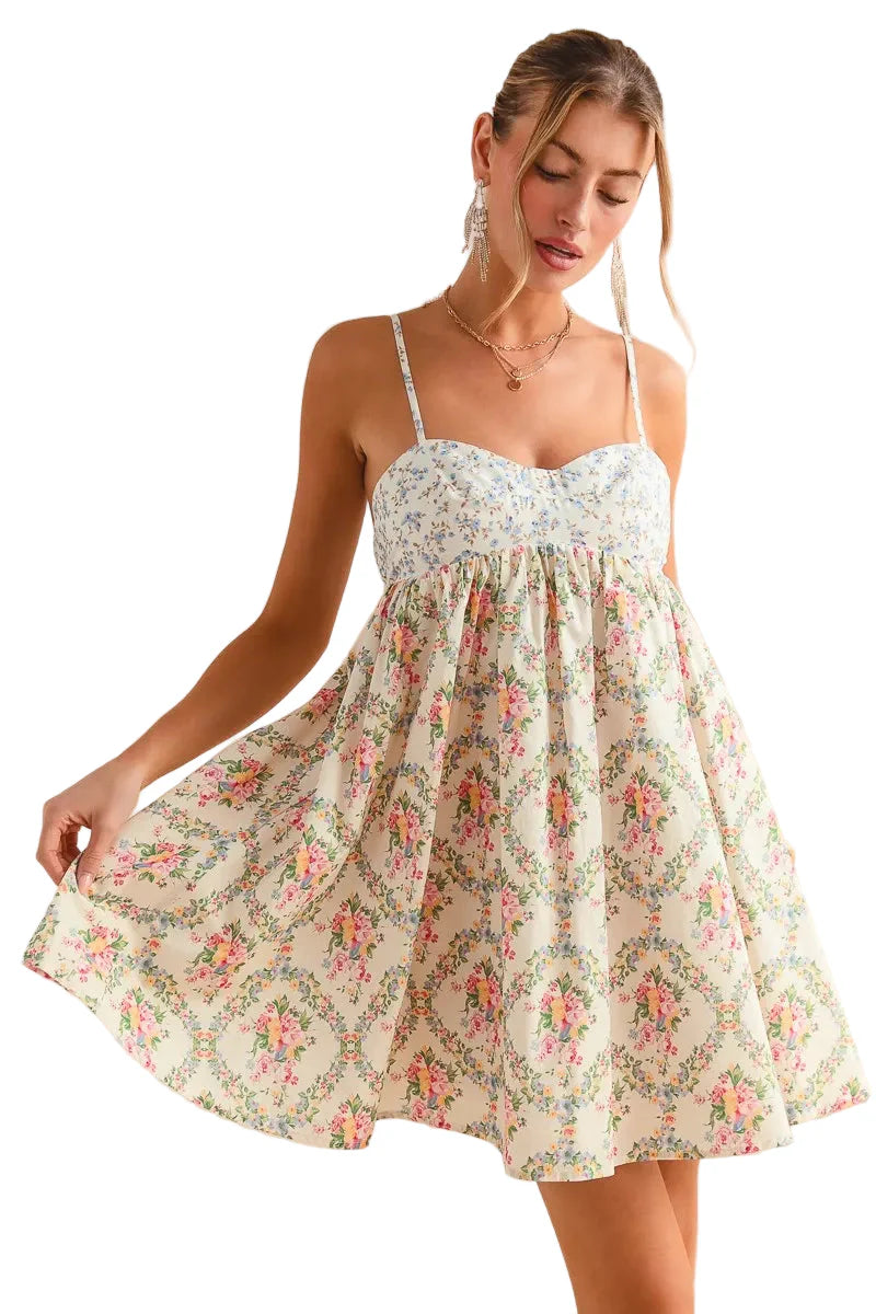 Mixed Floral Print Sleeveless Mini Dress