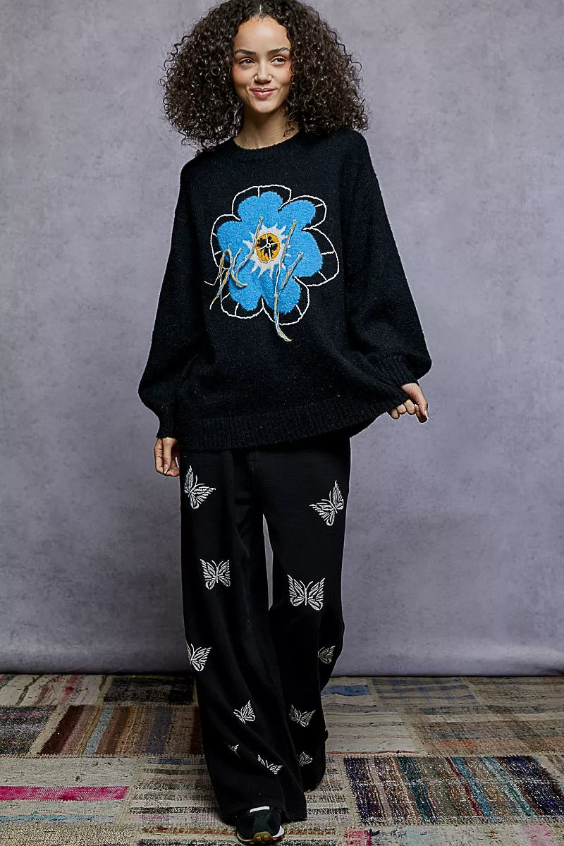 POL Floral Pattern Round Neck Sweater with Exposed Stitching