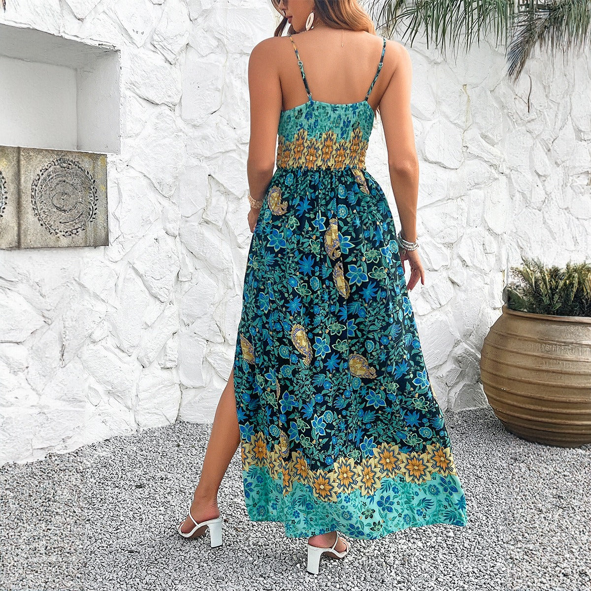 European and American spring and summer women's temperament printed suspender dress