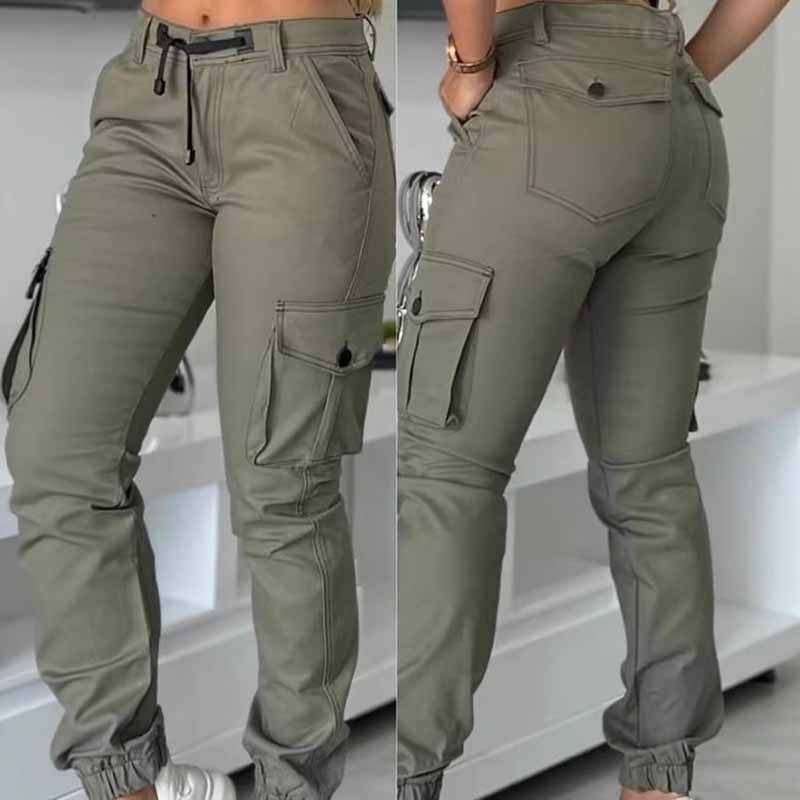 Women's High-Waisted Cargo Pants - Non-See-Through Work Pants With Drawstring