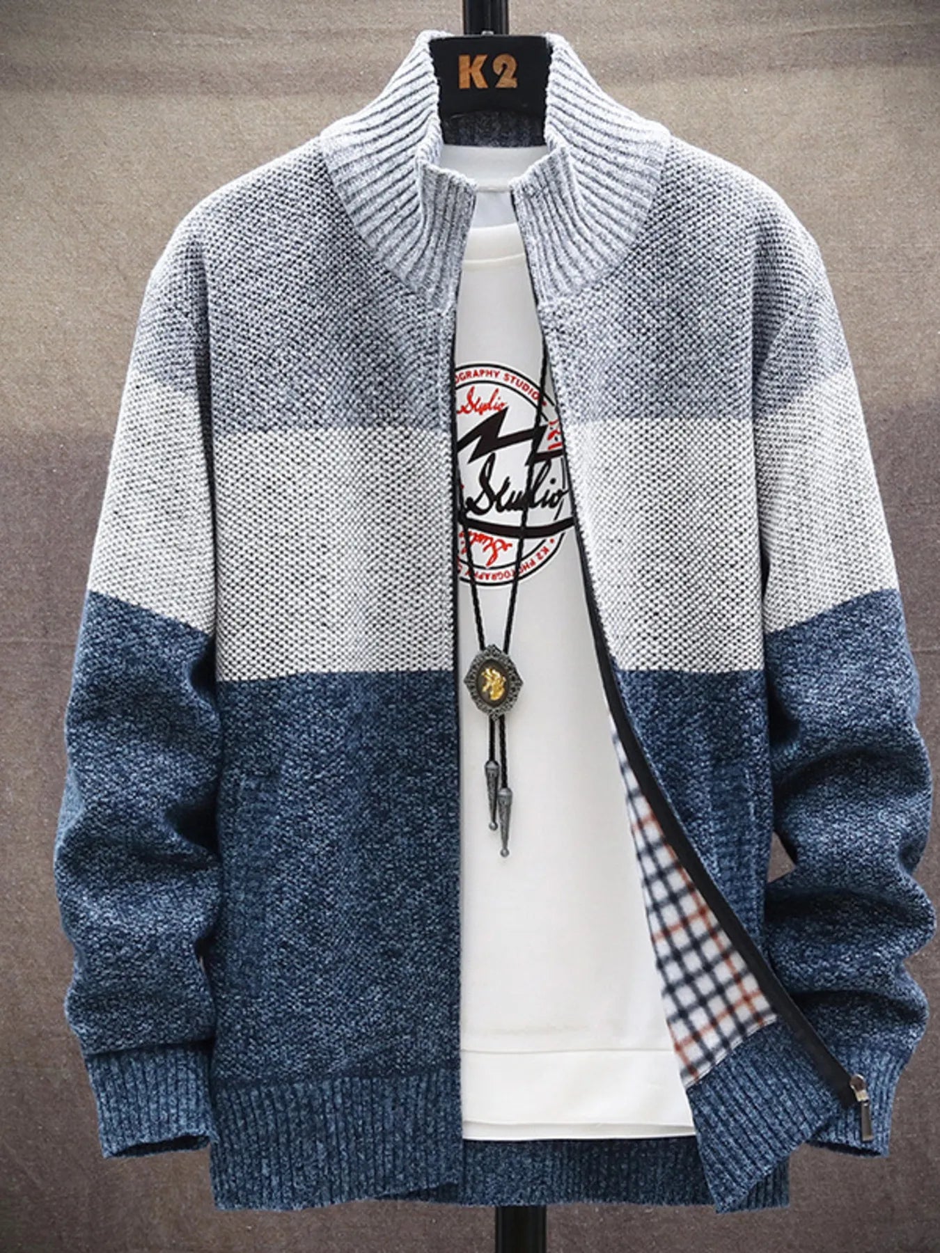 Men's Plus Size Color Block Zip Up Cardigan