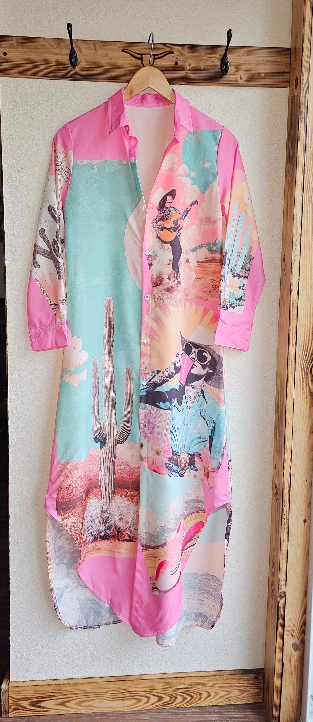 Baha Ranch Retro Pop Western Desert Cowboy Button Up Shirt Dress Duster