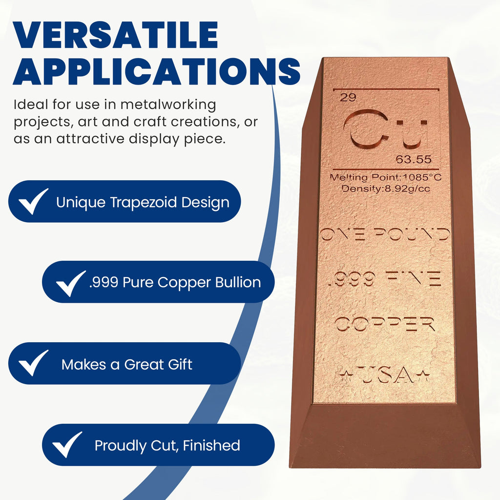 1 Pound Copper Bullion Bar Ingot Paperweight - 999 Pure Chemistry Element Design with Certificate of Authenticity