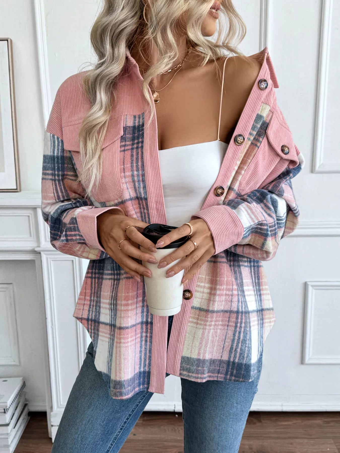 Plaid Button-Up Shacket with Chest Pockets