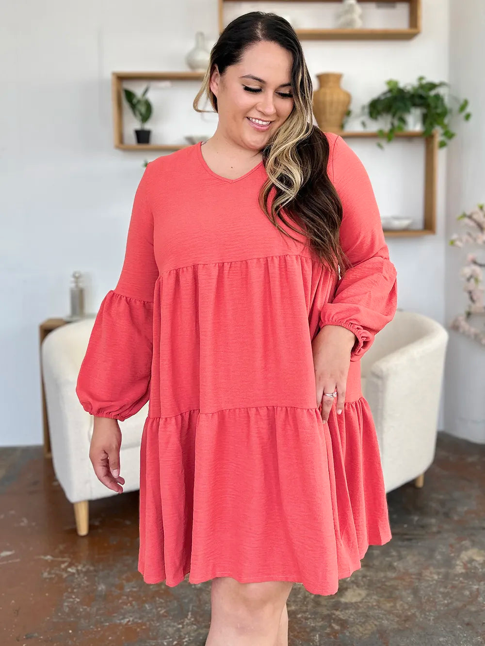 Full-Size V-Neck Balloon Sleeve Tiered Dress with Pockets