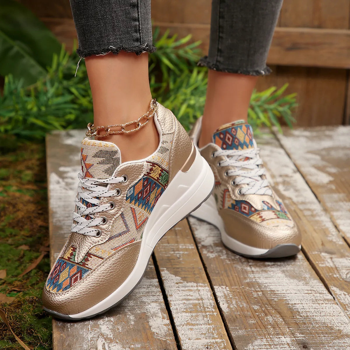 Geometric Lace Up Wedge Sneakers