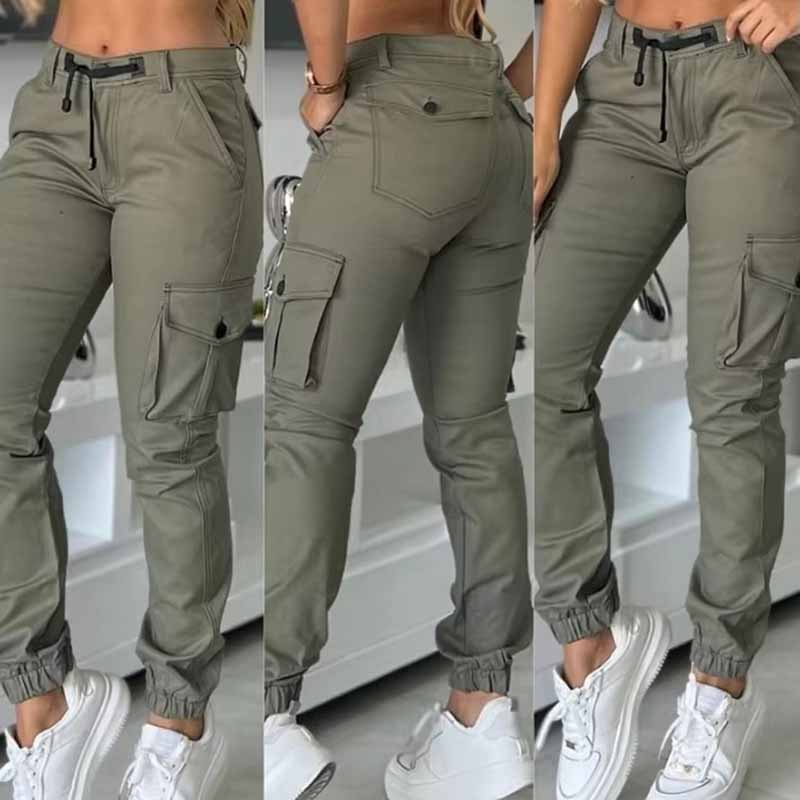 Women's High-Waisted Cargo Pants - Non-See-Through Work Pants With Drawstring
