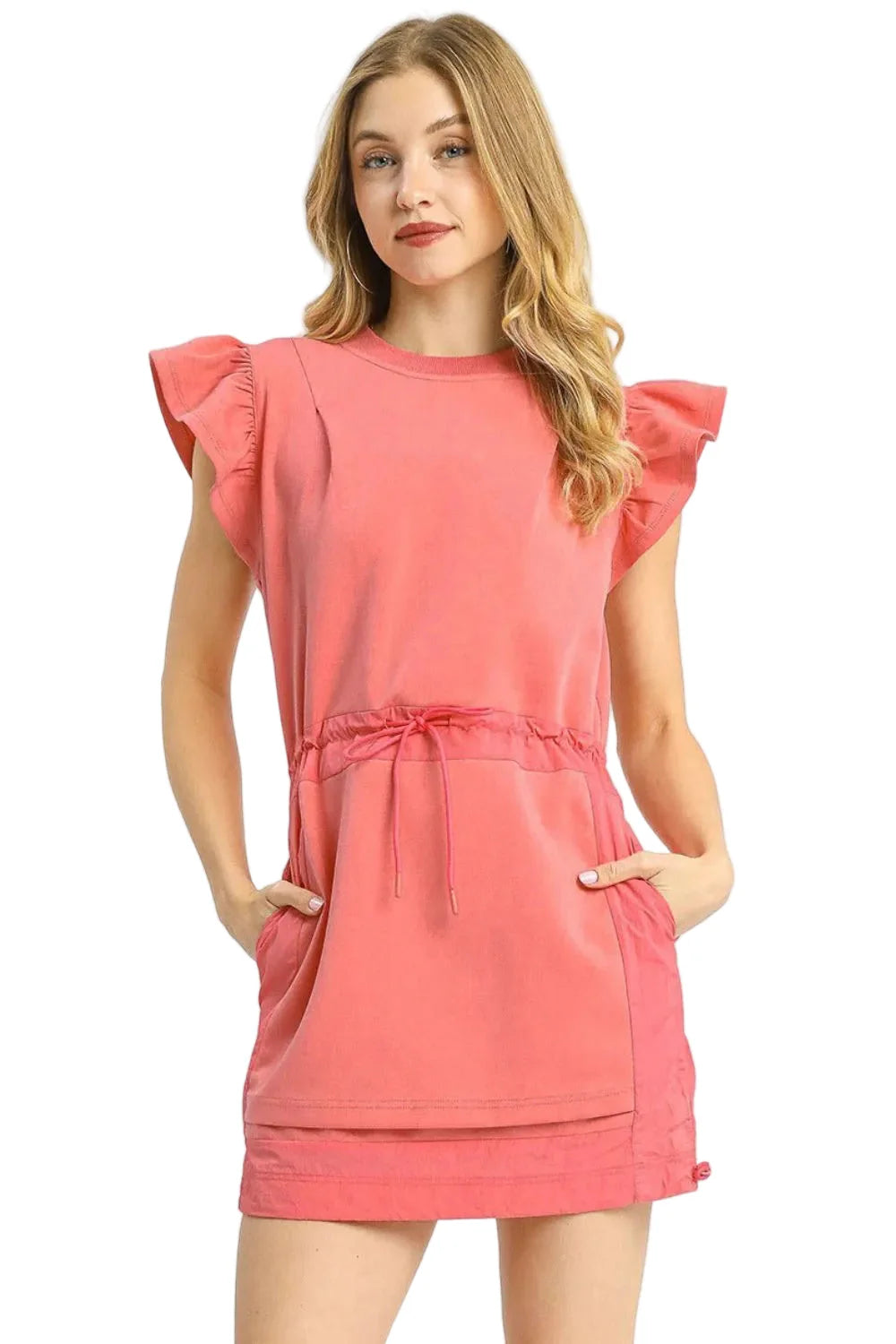 Knit Ruffle Sleeve Drawstring Mini Dress
