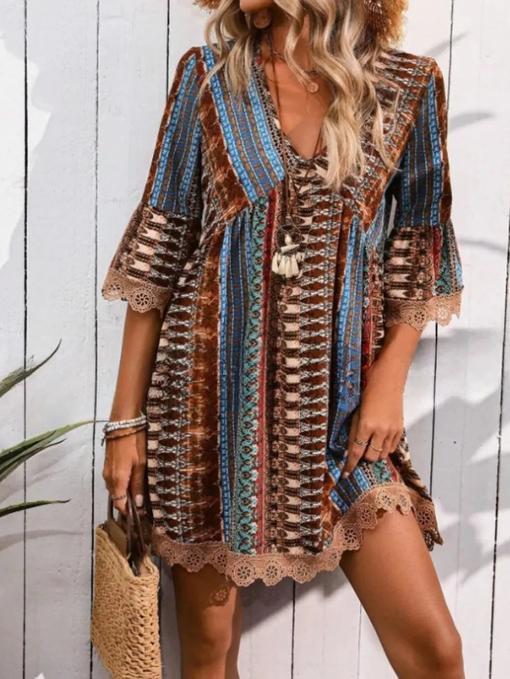 Lace Trim Printed V-Neck 3/4 Sleeve Dress
