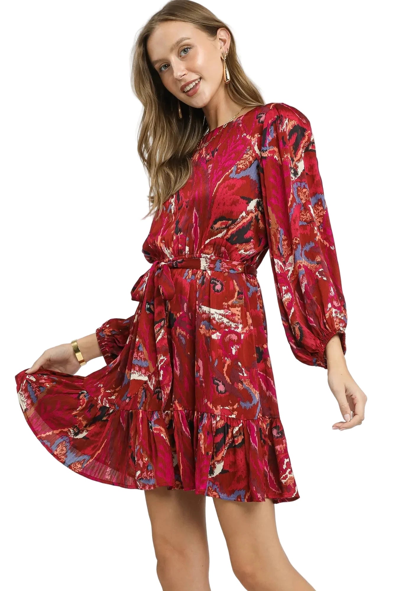 Ruffled Hem Printed Balloon Sleeve Dress