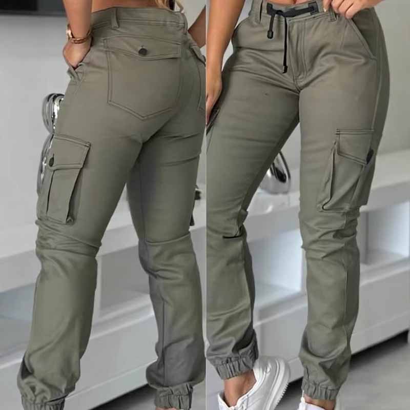 Women's High-Waisted Cargo Pants - Non-See-Through Work Pants With Drawstring