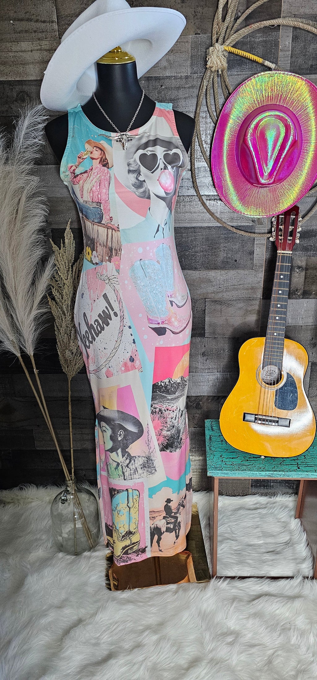 Baha Ranch Retro Pop Western Bodycon Side Slit Maxi Dress