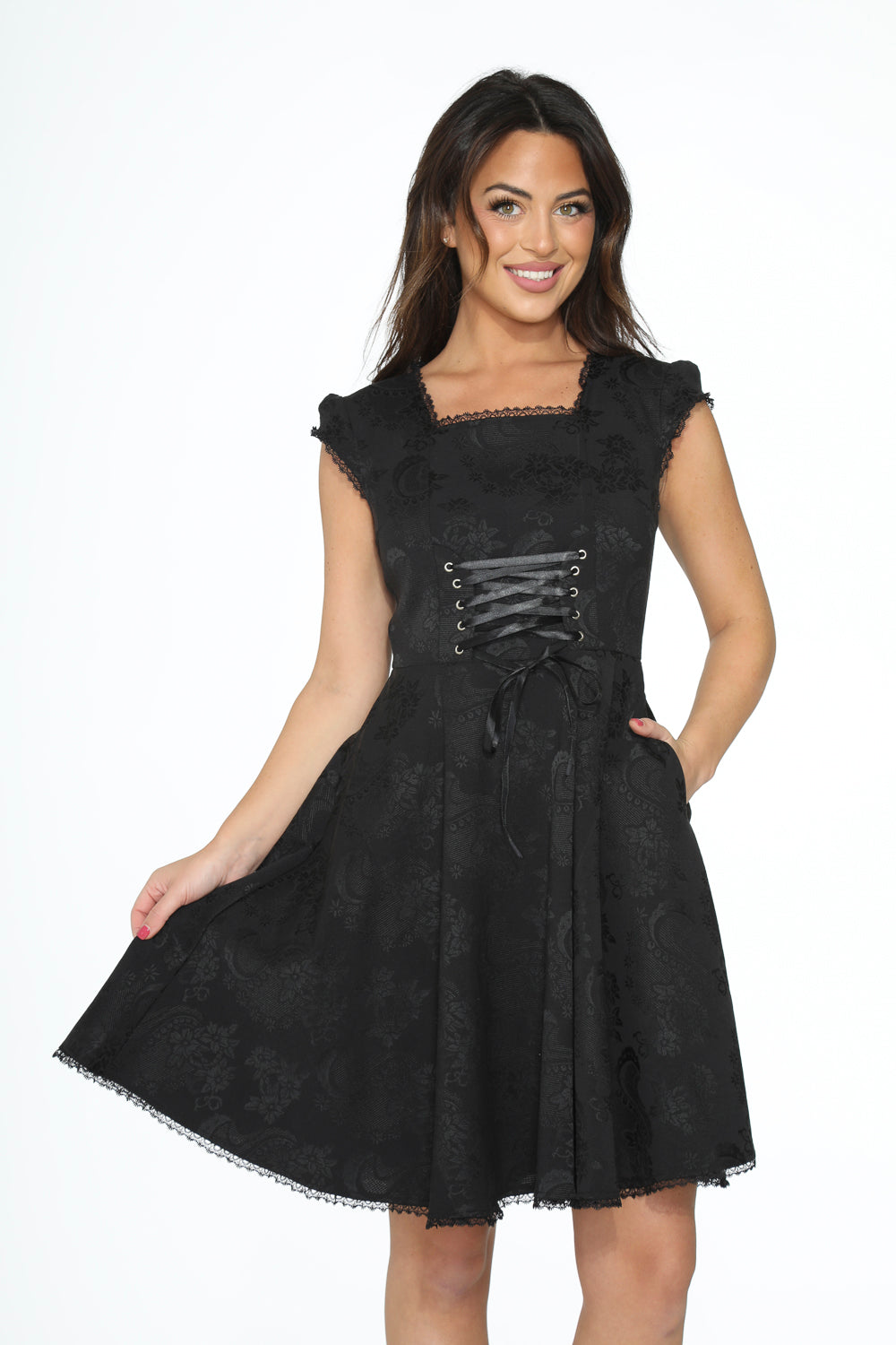 21440 Black Brocade Gothic Swing Dress