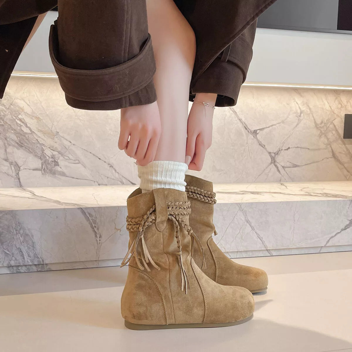 Suede Fringe Round Toe Boots