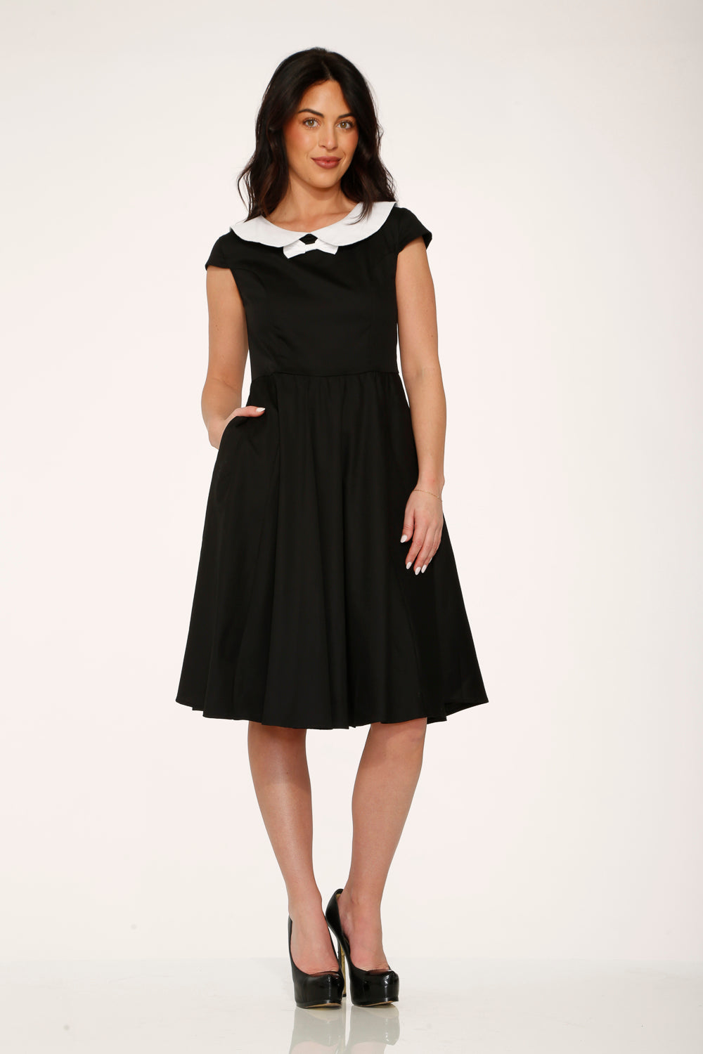 29190 Black White Collar Swing Dress
