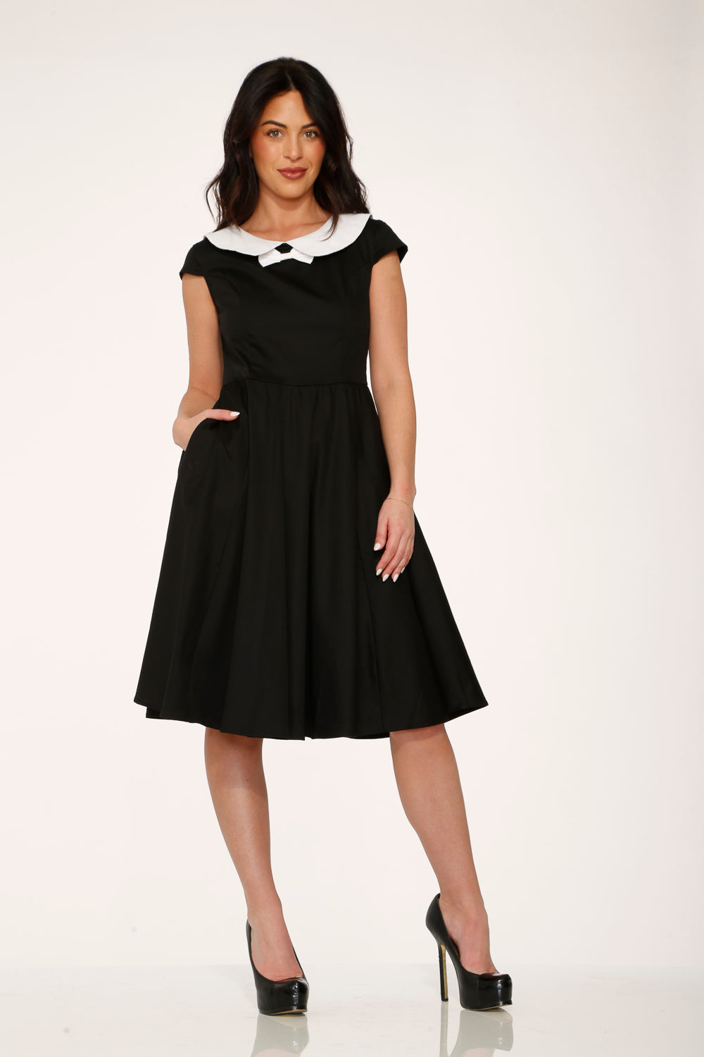 29190 Black White Collar Swing Dress