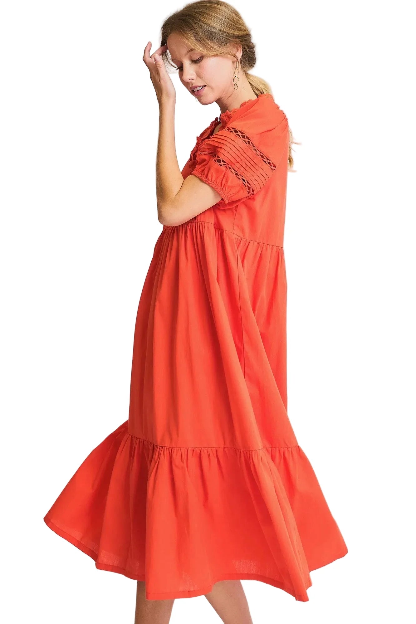 Short Sleeve Lace-Trim Ruffled Midi Dress