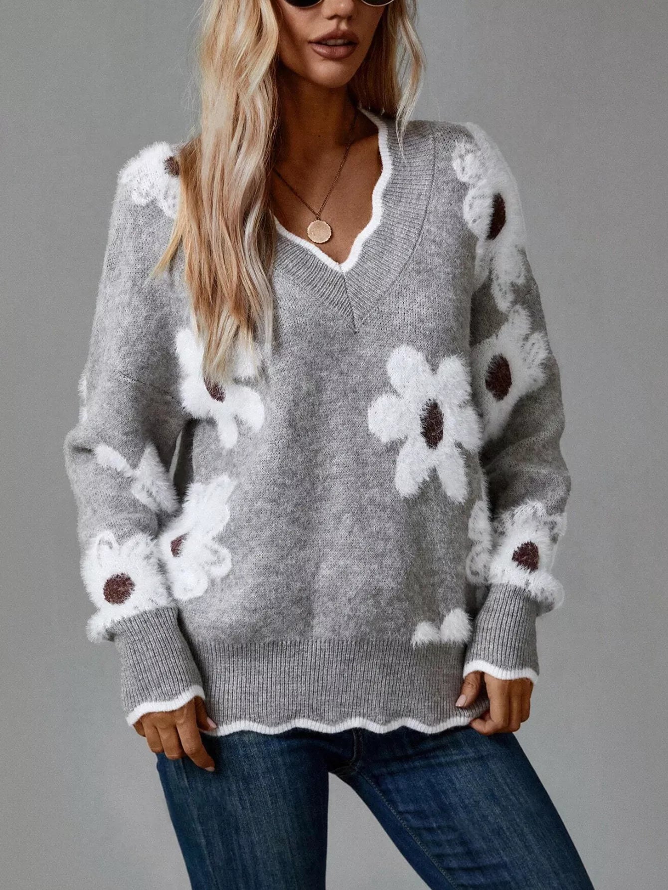 Floral V-Neck Long Sleeve Sweater