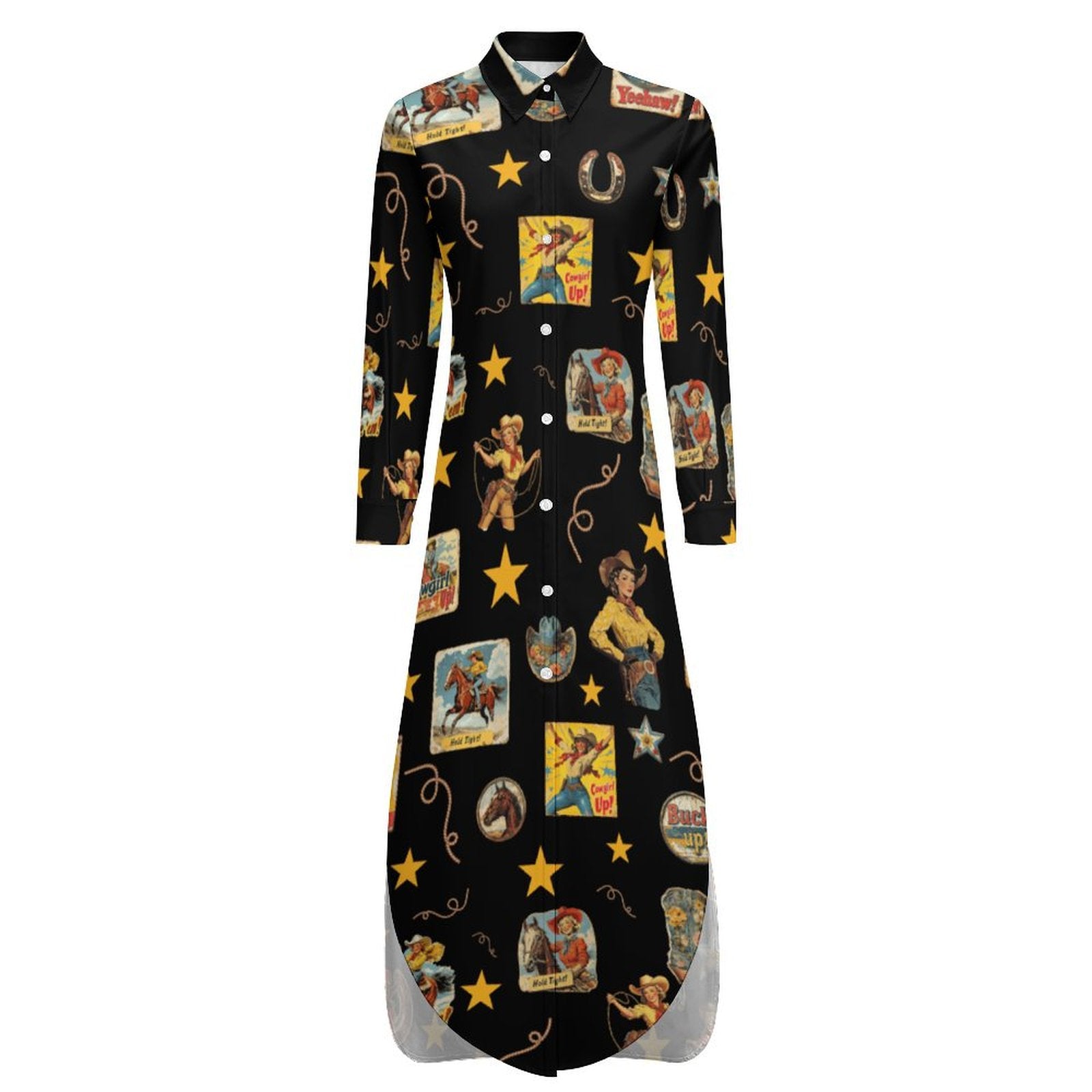 Vintage Cowgirl Collage Western Button-Up Long Sleeve Shirt Dress Duster