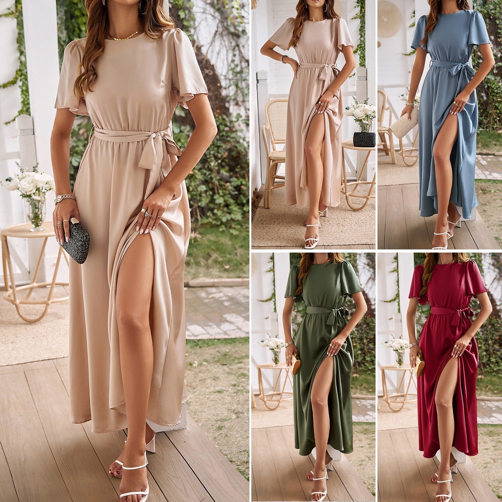 Dress with spring and summer temperament, solid color lace up slit dress