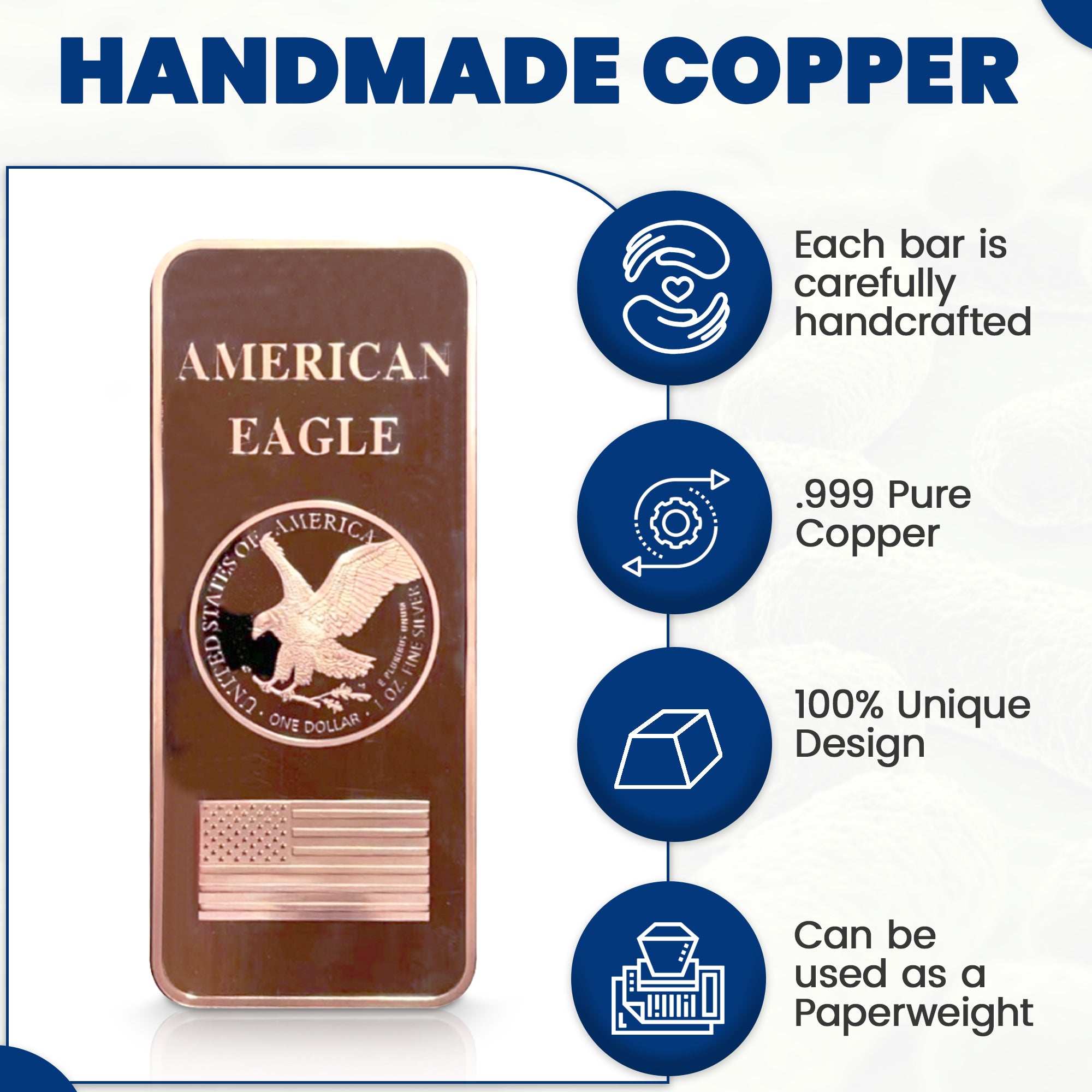 1 LB Troy Ounce/OZ .999 Pure American Metal Walking Liberty Eagle BAR Gold Copper Silver Precious Metals Pound Paperweight Pure Element CU Chemistry