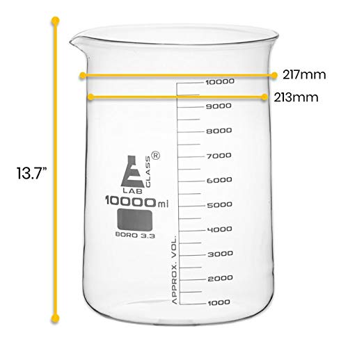 10,000ml Beaker Low Form with Spout - White, 500ml Graduations - Borosilicate 3.3 Glass - 10L Large Beaker