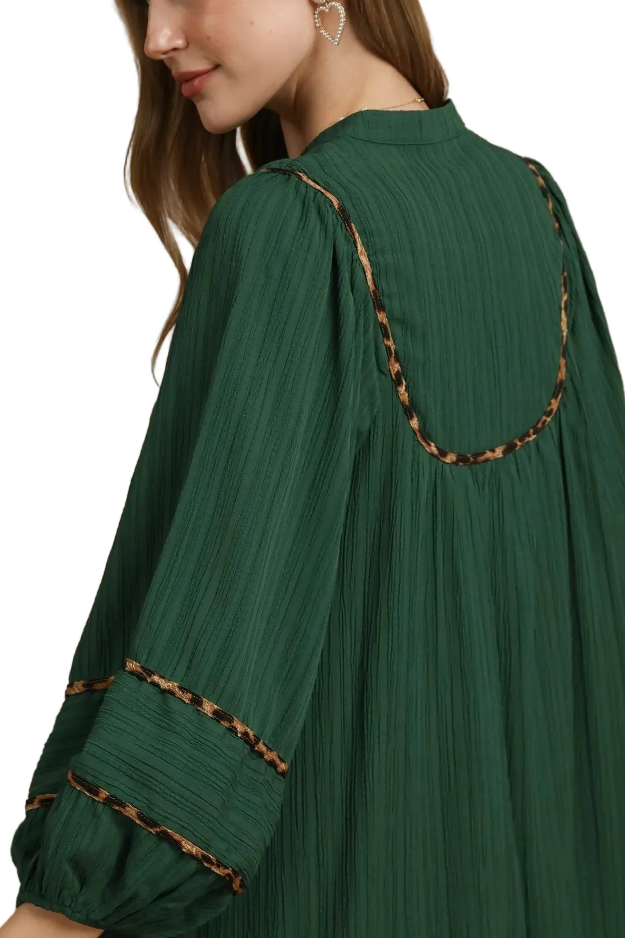 Textured Babydoll Dress with Leopard Trim