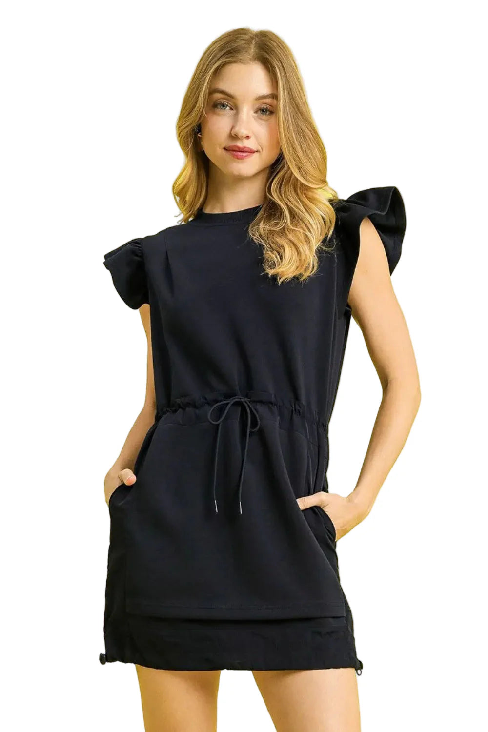 Luxe Knit Ruffle Sleeve Drawstring Mini Dress