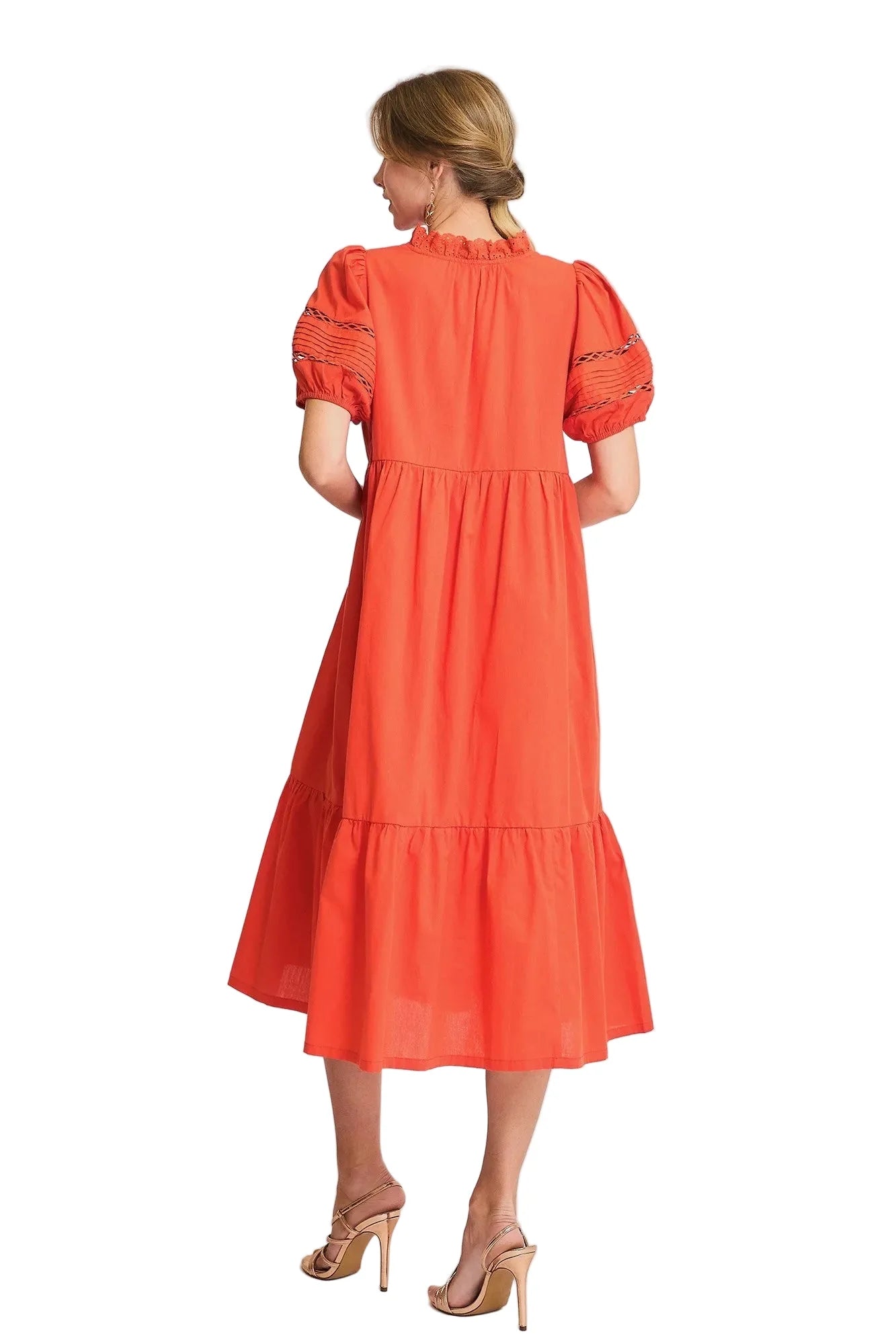 Short Sleeve Lace-Trim Ruffled Midi Dress