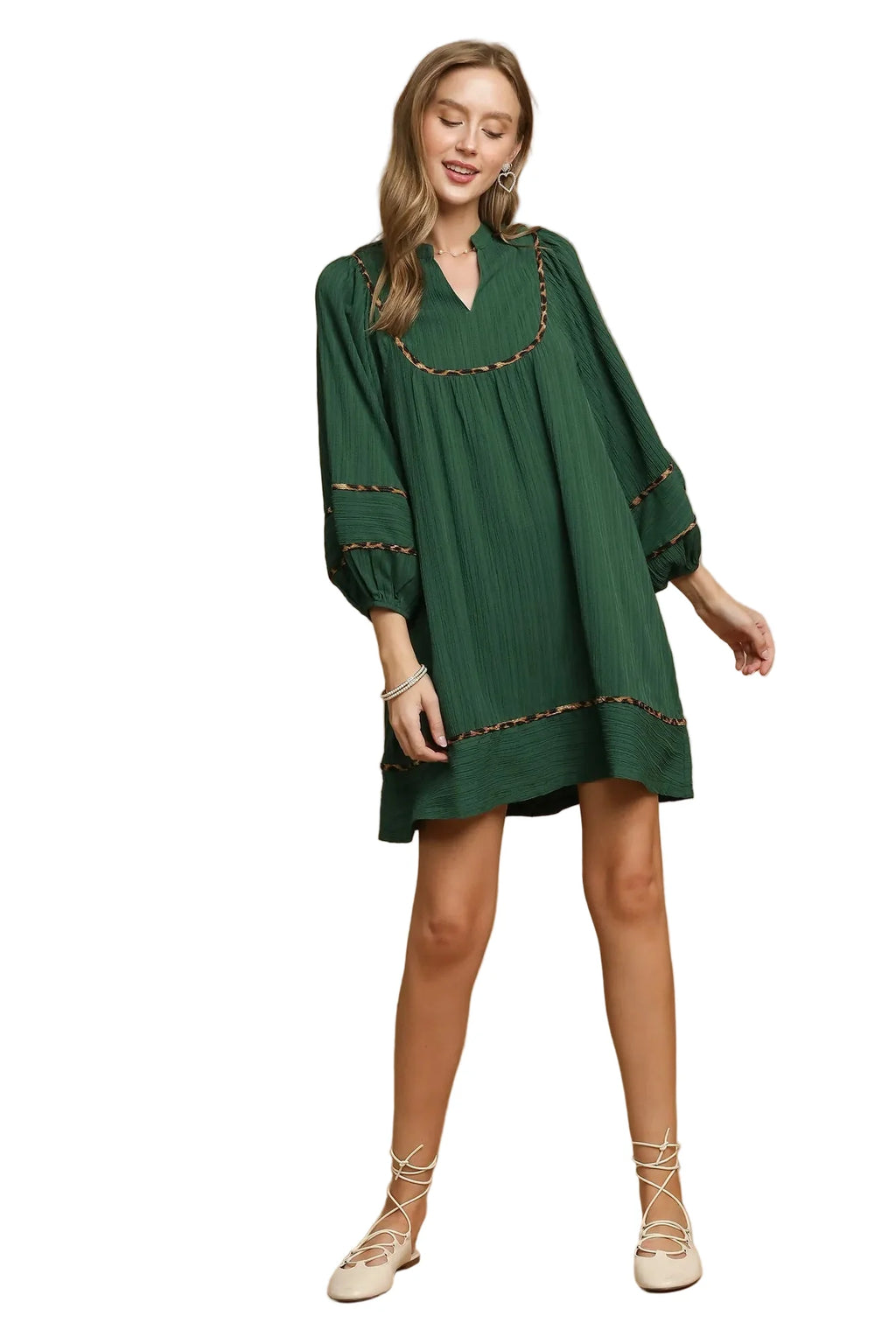 Textured Babydoll Dress with Leopard Trim