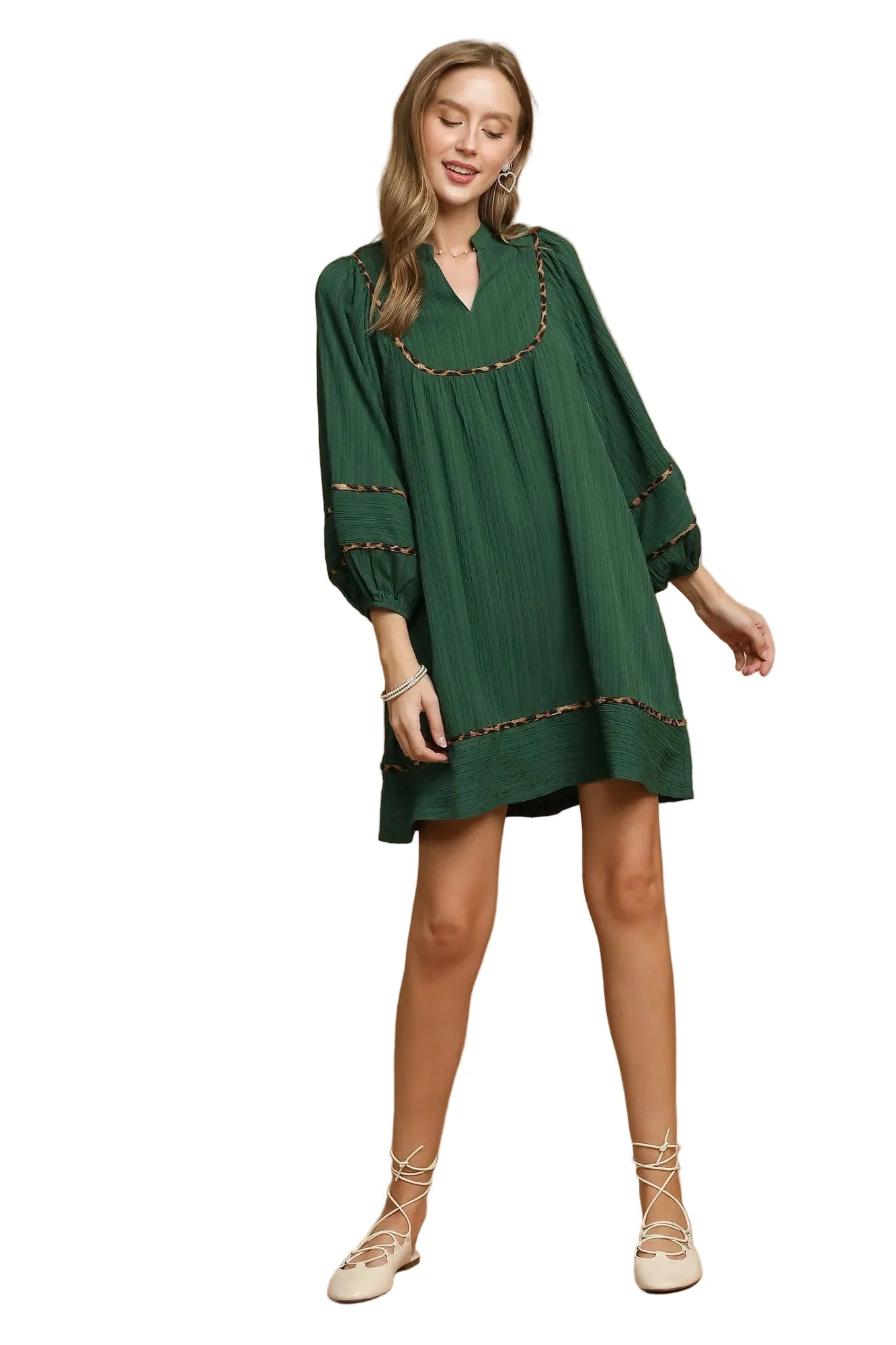 Textured Babydoll Dress with Leopard Trim