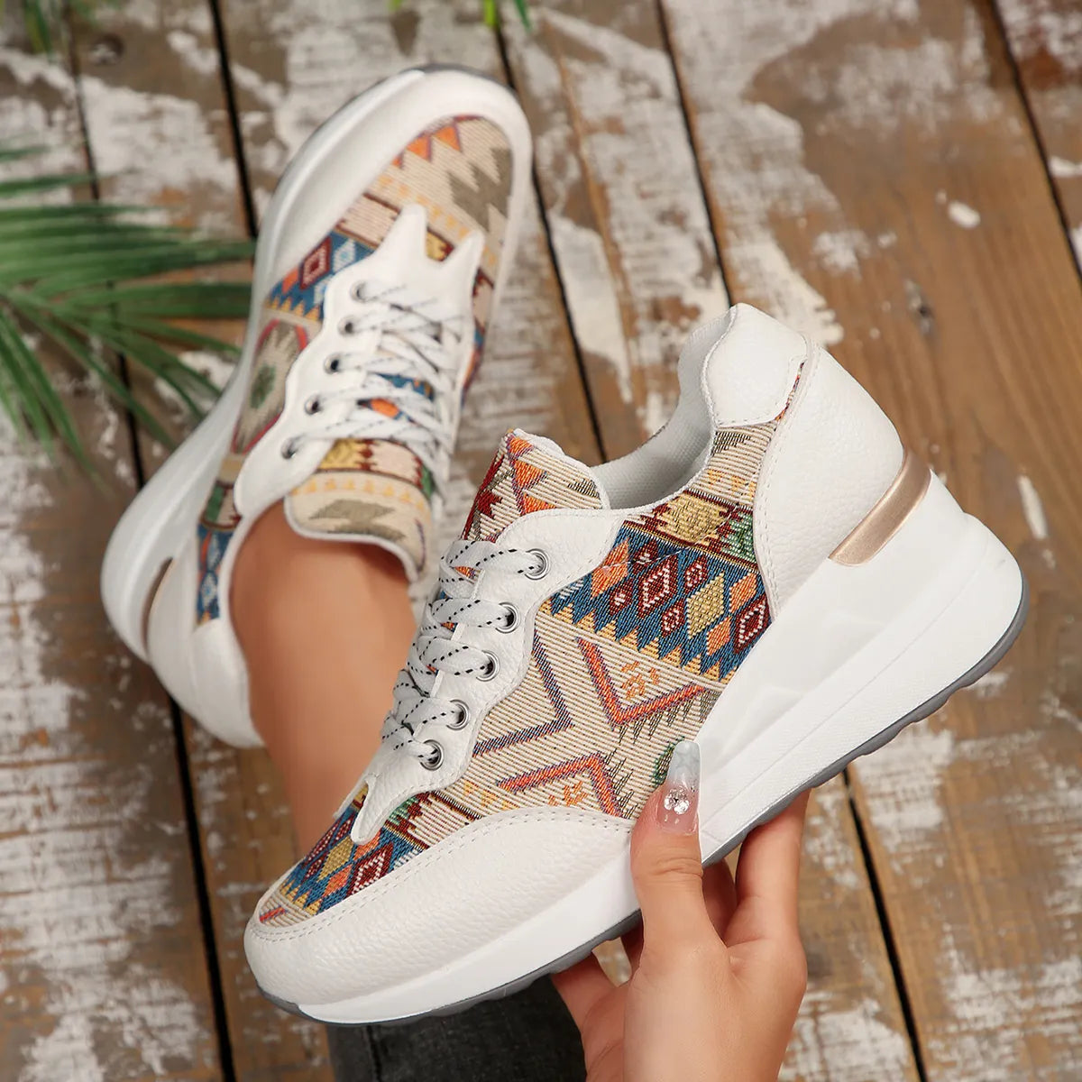 Geometric Lace Up Wedge Sneakers