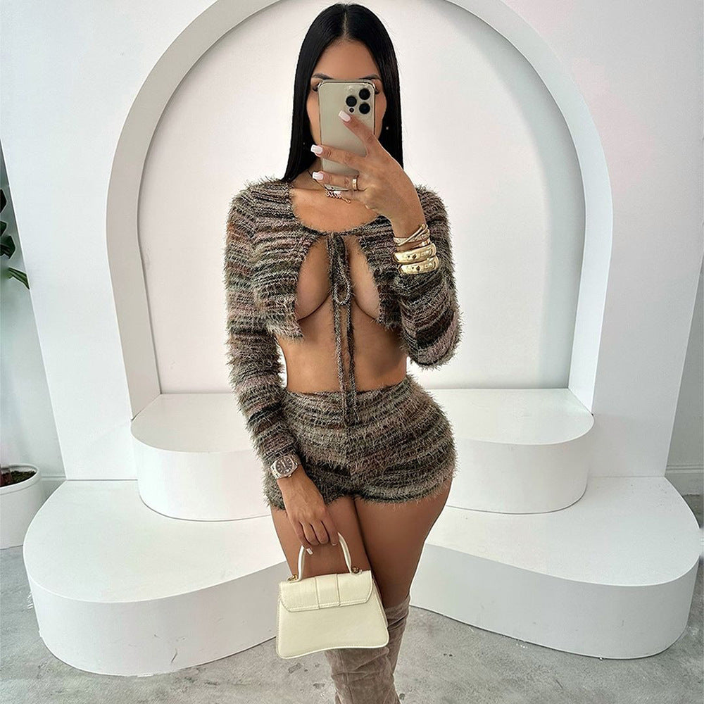 Open navel hollow strap short sleeved two-piece set