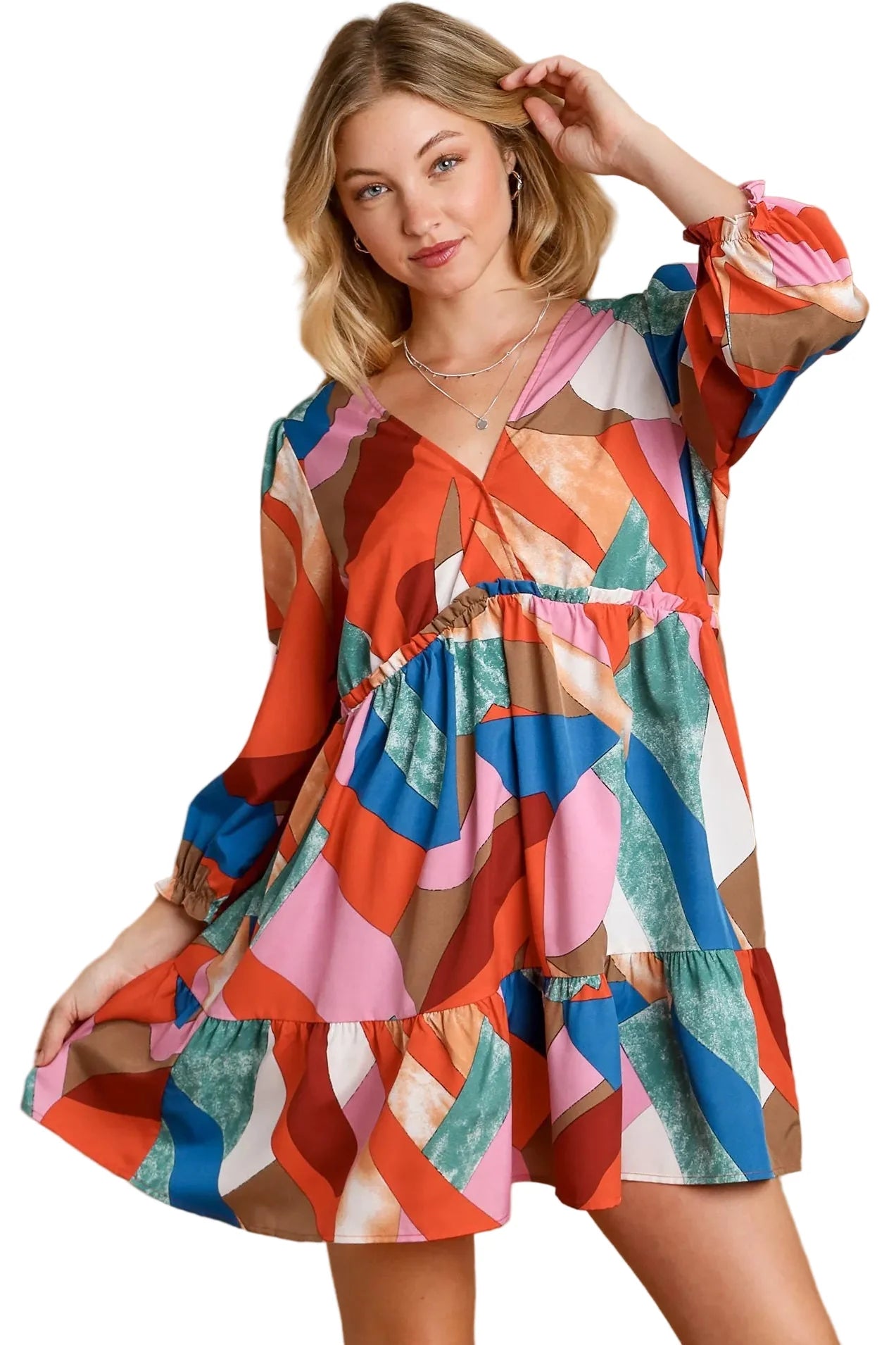 Abstract V-Neck Tiered Printed Dress