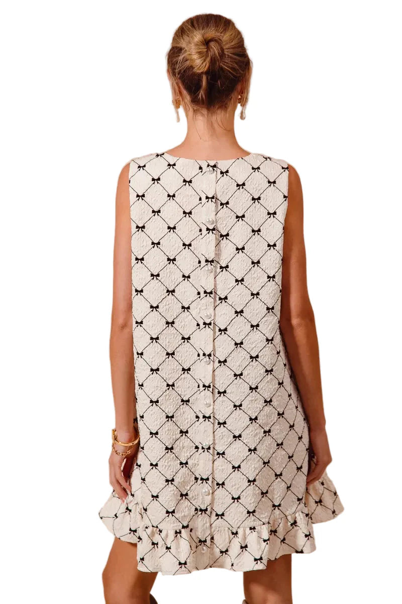 Texture Bow Printed Mini Ruffle Dress