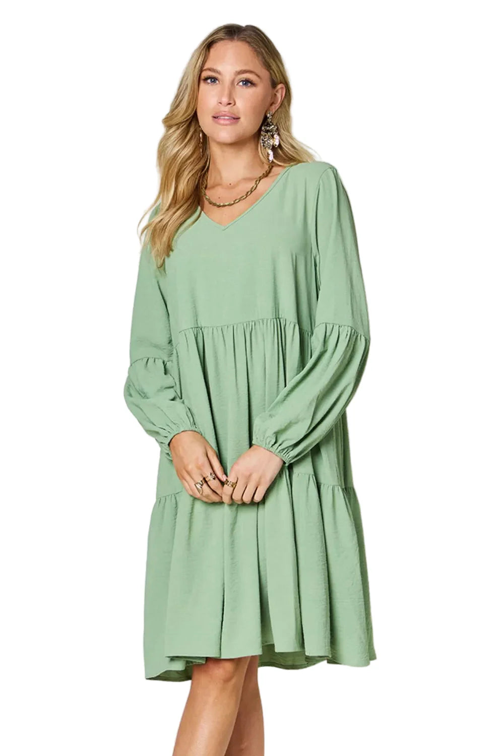 Full-Size V-Neck Balloon Sleeve Tiered Dress with Pockets
