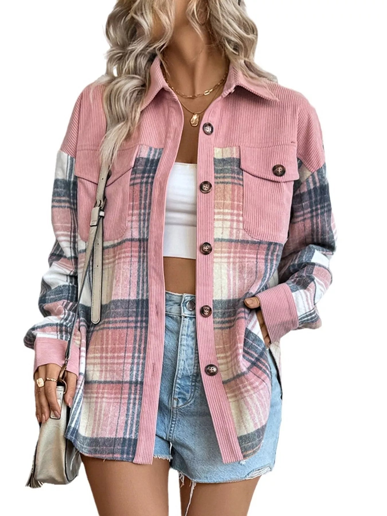Plaid Button-Up Shacket with Chest Pockets