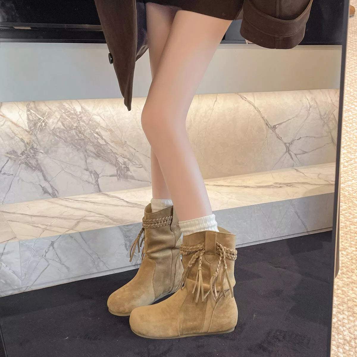 Suede Fringe Round Toe Boots
