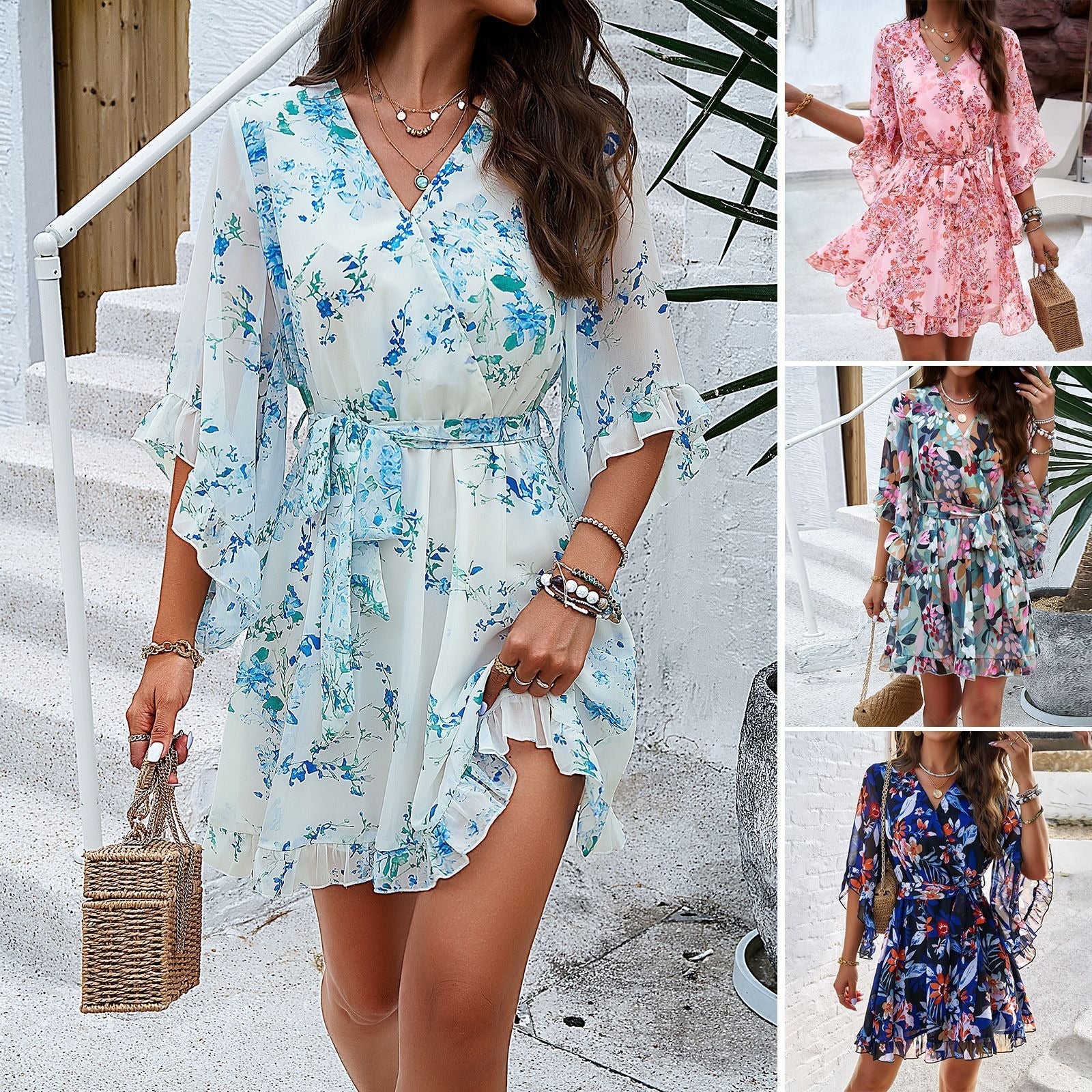 Ladies' elegant spring and summer temperament printed lace up dress