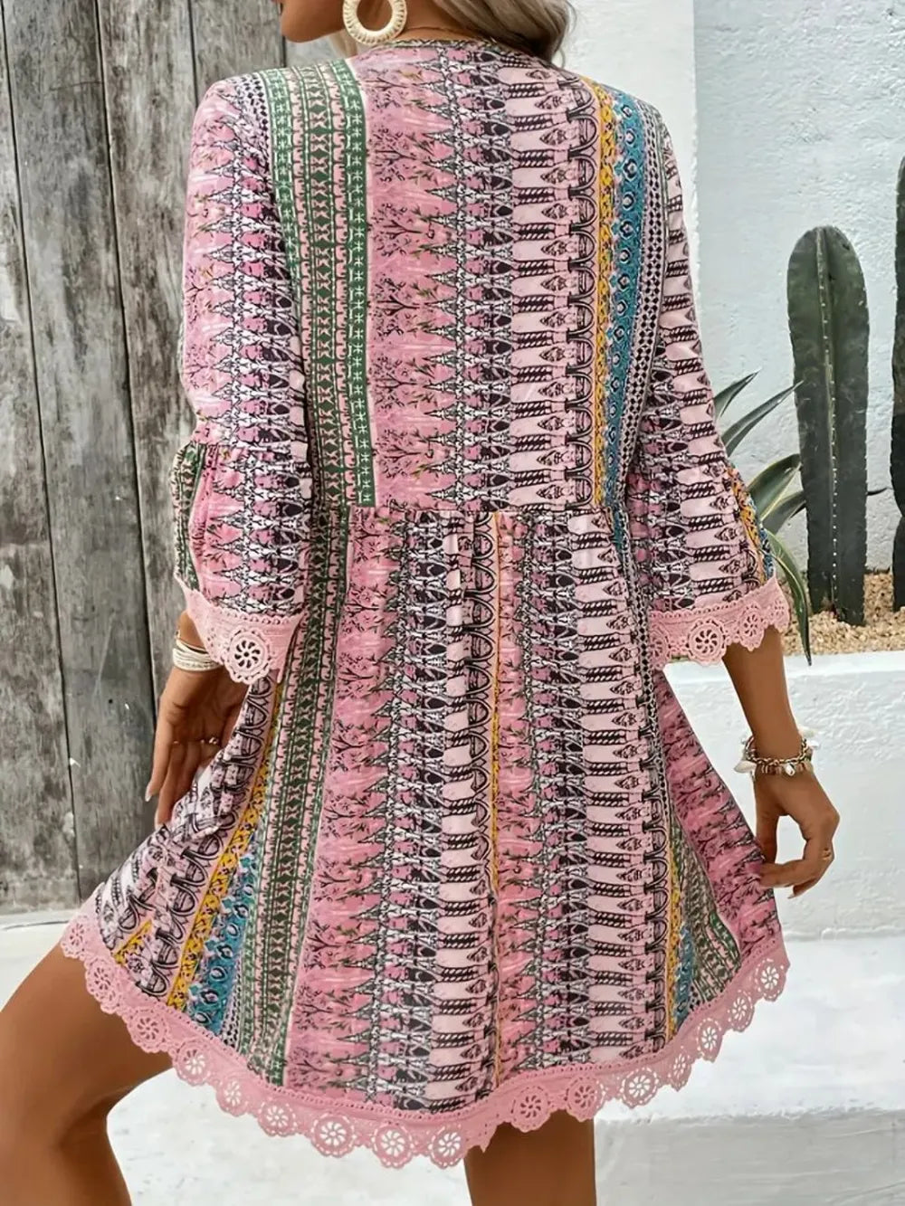 Lace Trim Printed V-Neck 3/4 Sleeve Dress