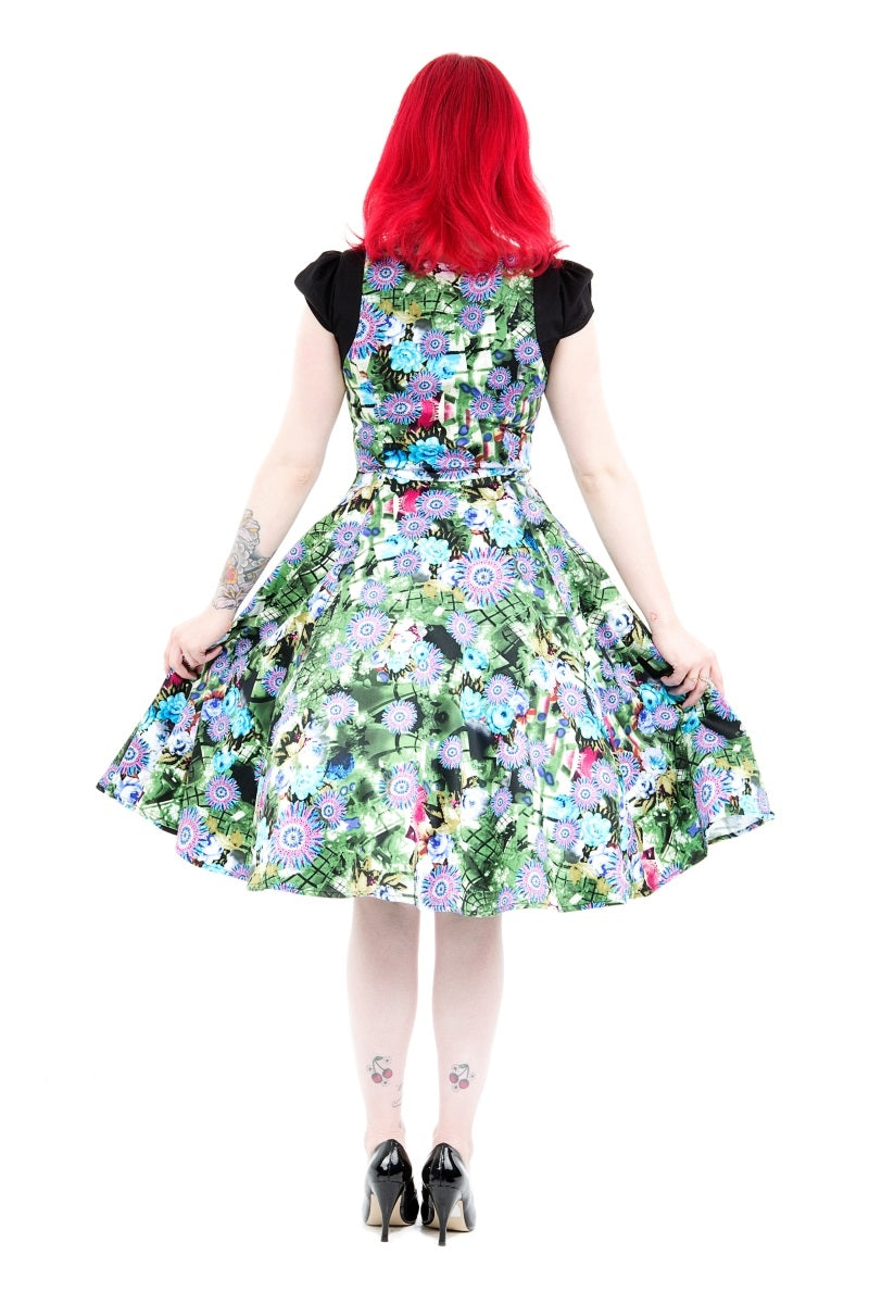 9082 Green Floral Swing Dress