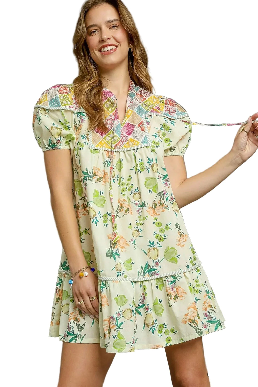 Floral Print Tie Neck Puff Sleeve Dress