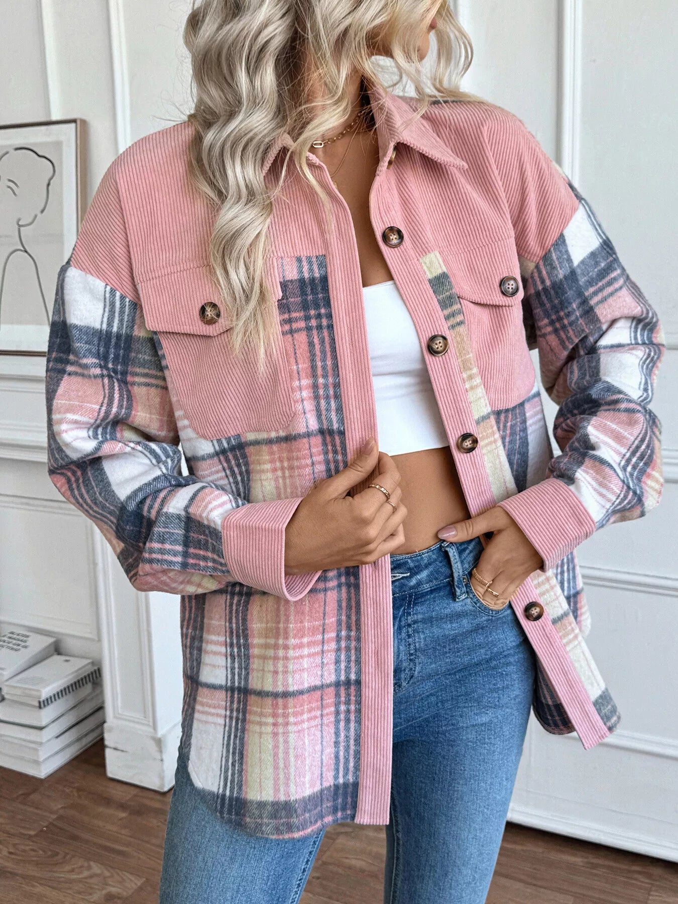 Plaid Button-Up Shacket with Chest Pockets