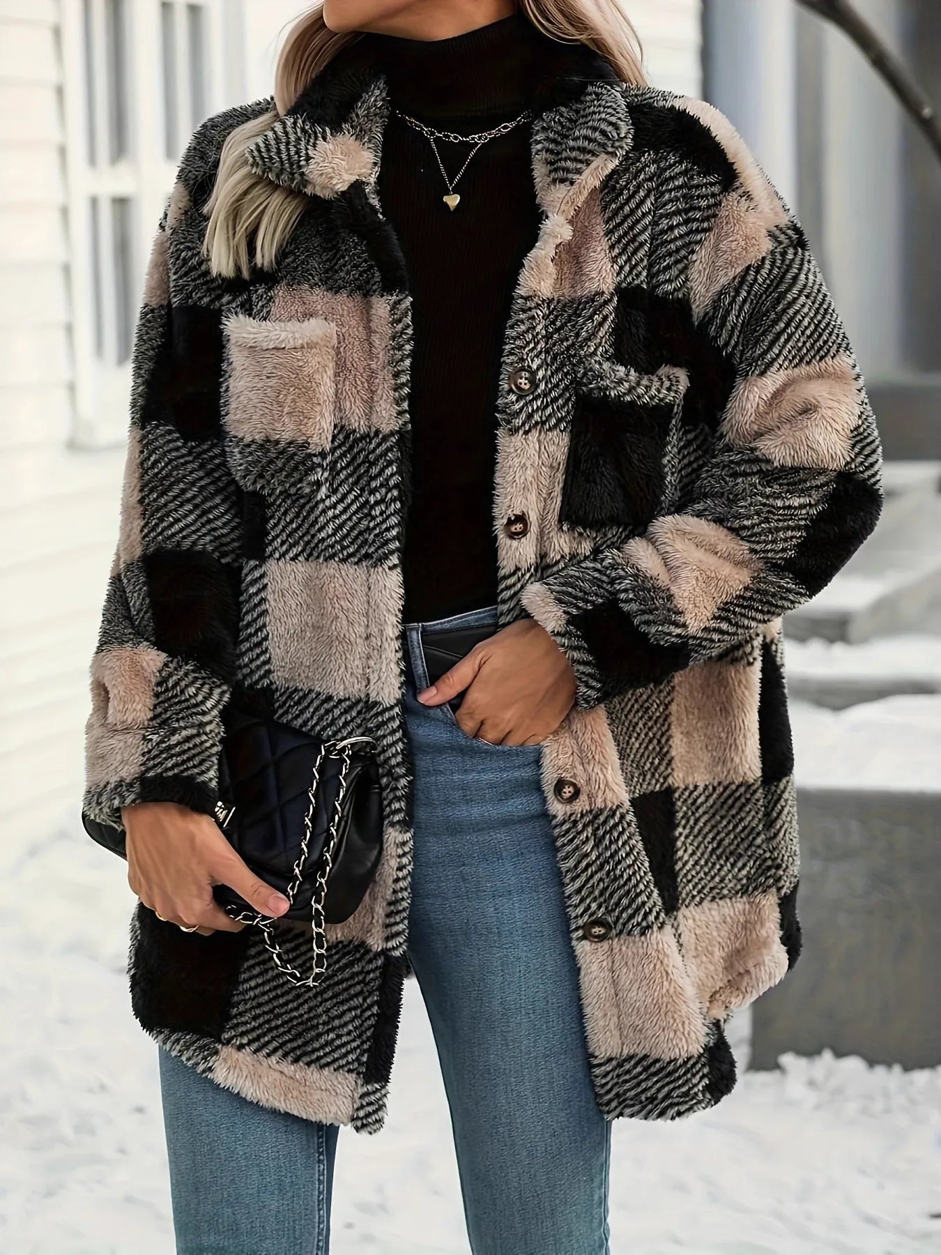 Button Down Collared Neck Plaid Teddy Coat with Pockets