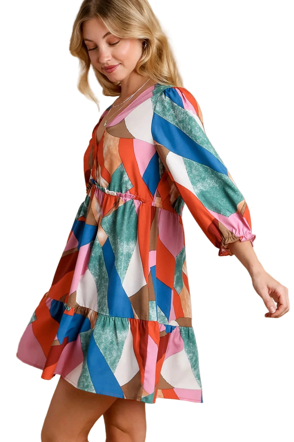 Abstract V-Neck Tiered Printed Dress