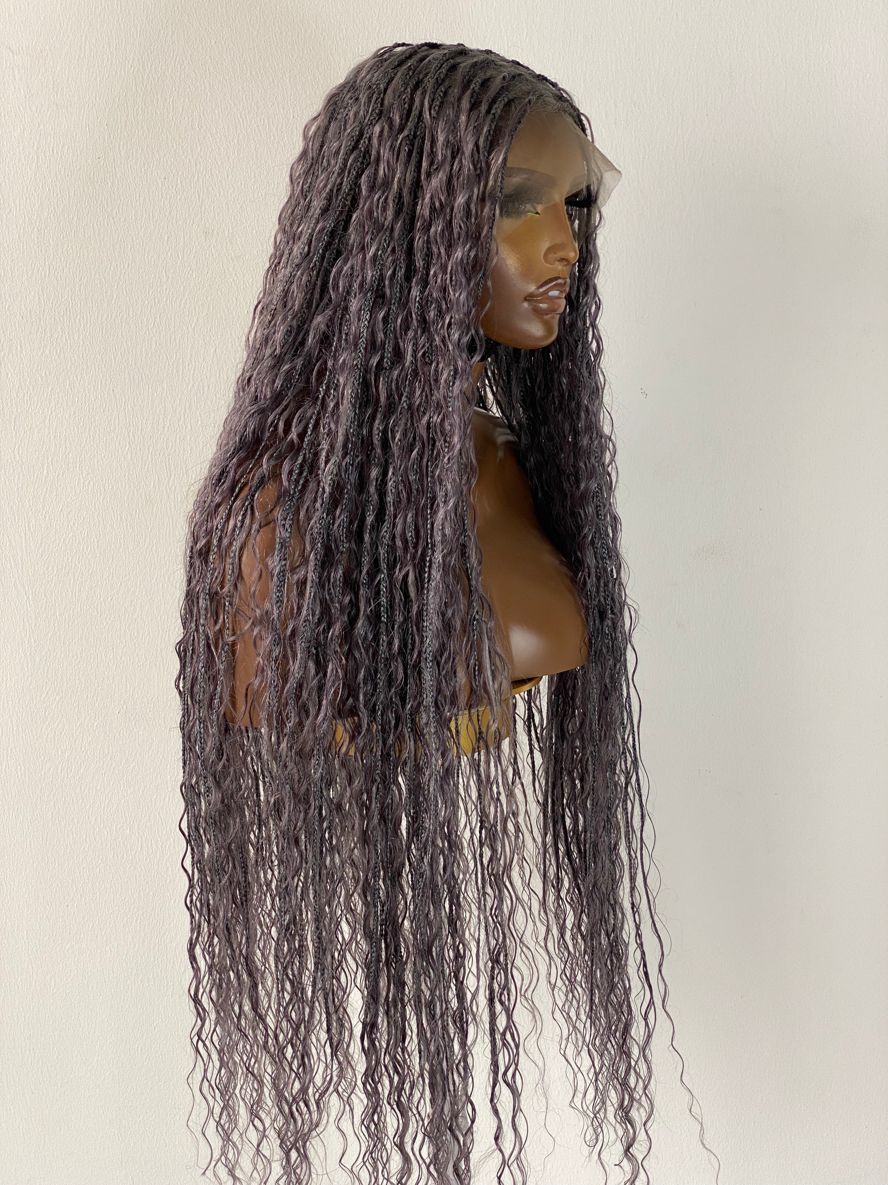 100% Human Hair Bohemian Knotless Braid Wig, Gray Color, Waist Length - (TARA GERY)