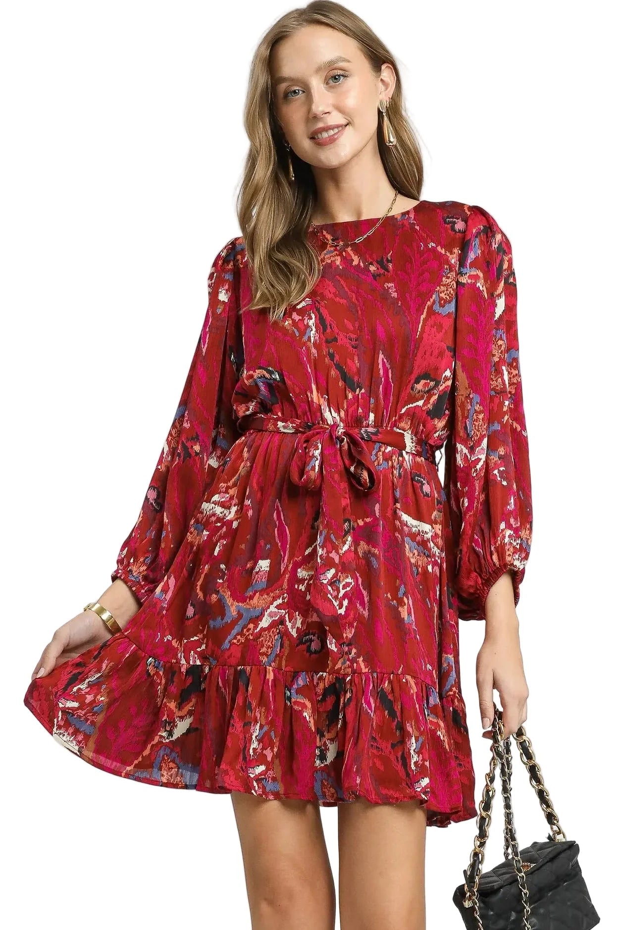 Ruffled Hem Printed Balloon Sleeve Dress