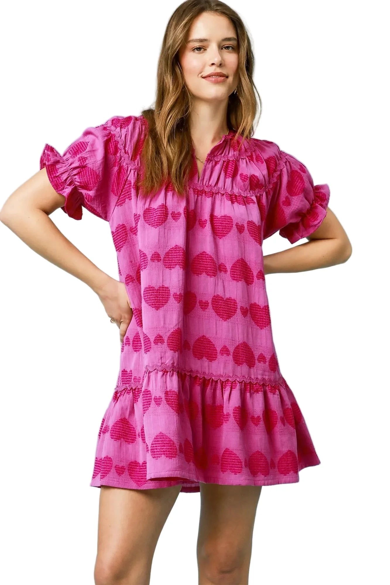 Heart Pattern Short Sleeve Ruffle Babydoll Dress